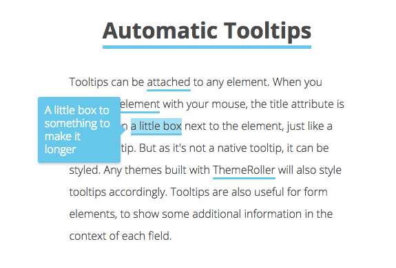 This is an image of tooltips attached to text. This tooltip is made with javascript and is automatically positioned. The text explains that it is not a native tooltip so it can be styled and automatically positioned on any element according to title attrinbute.