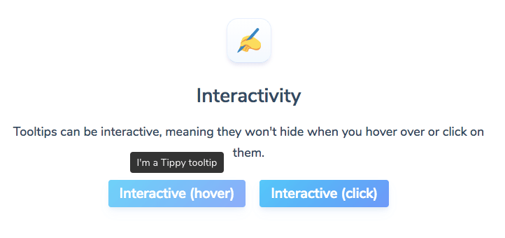 This is an image from a javascript tooltip plugin demo page showing different types of tooltip interactivity. The two interaction options are hover and click.