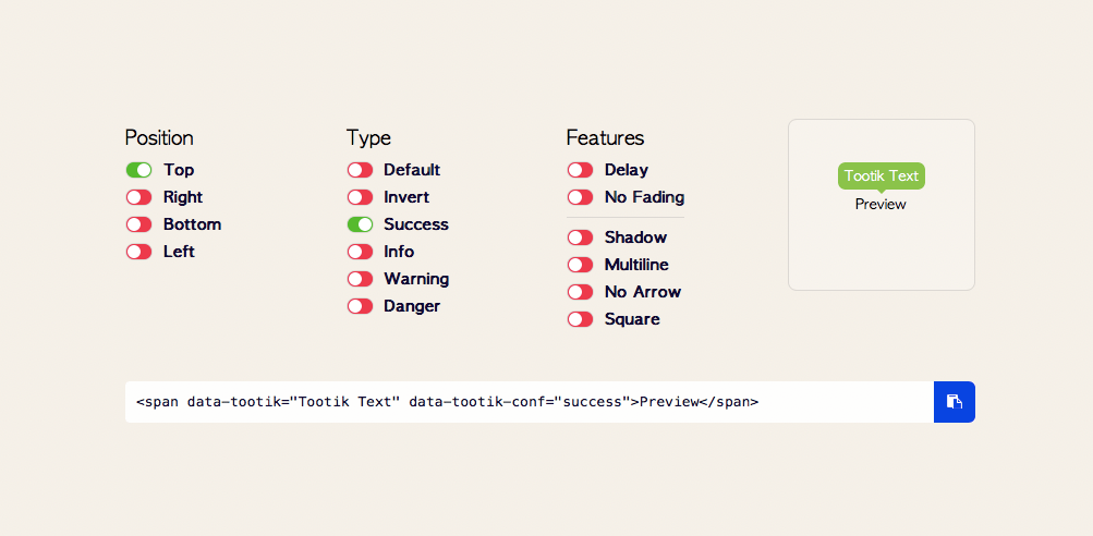 tootik css tooltip library sampler