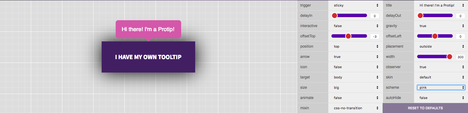 This is a tooltip demo page. It shows a customizable jquery tooltip with an editor with multiple settings like trigger arrow title target animate mixin observer width scheme etc.