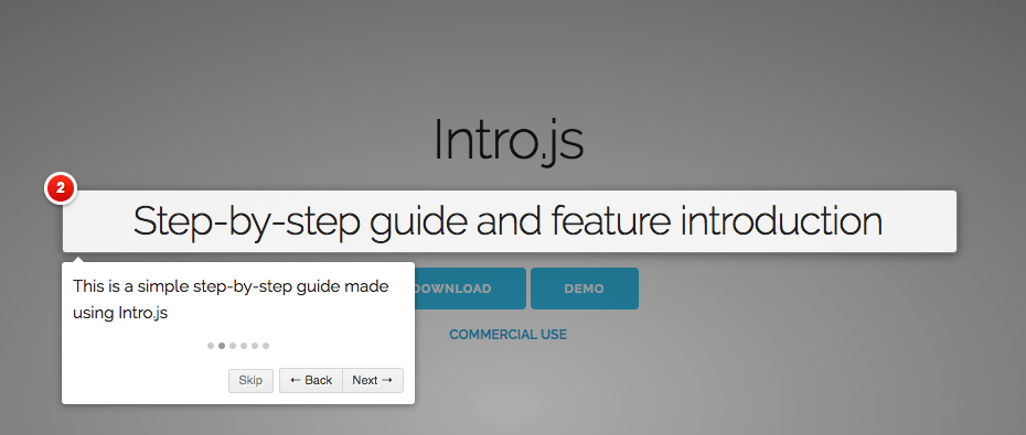This is a feature introduction tour with spotlights and tooltips. It is a step by step guide made using javascript tooltips. It has numbered tooltips and focus areas.