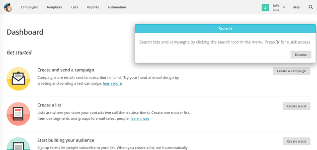 MailChimp welcome page
