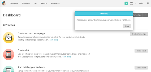 MailChimp welcome page