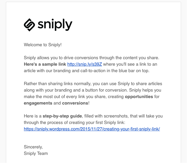 sniply welcome email
