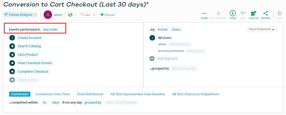a screenshot of a conversion funnel in amplitude, showing converstion to cart checkout over the last 30 days. this time, events can be performed in any order.