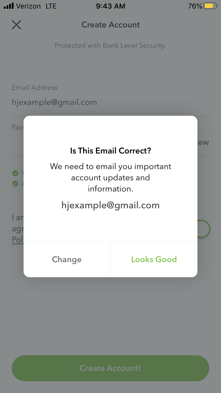 create account confirm email address mobile app modal popup example