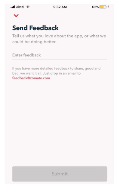 zomato send feedback in-app form