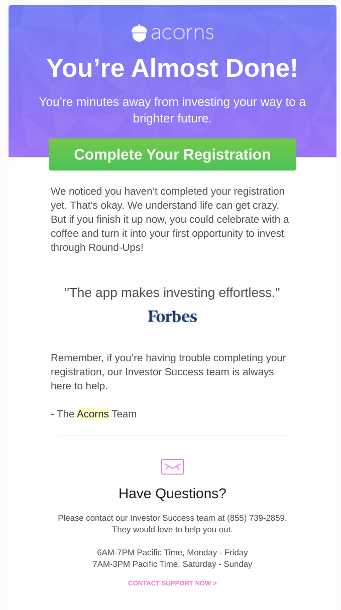 acorns mobile app complete your registration