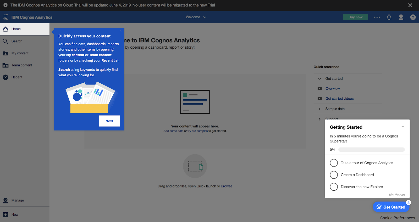 ibm cognos analytics user onboarding example made with appcues. an example of consumerized enterprise software