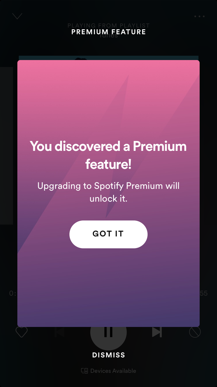spotify premium feature paywall modal upgrade example