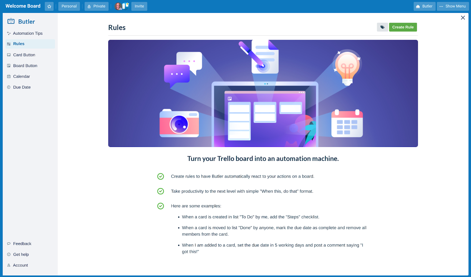 trello in-app feature announcement board automation