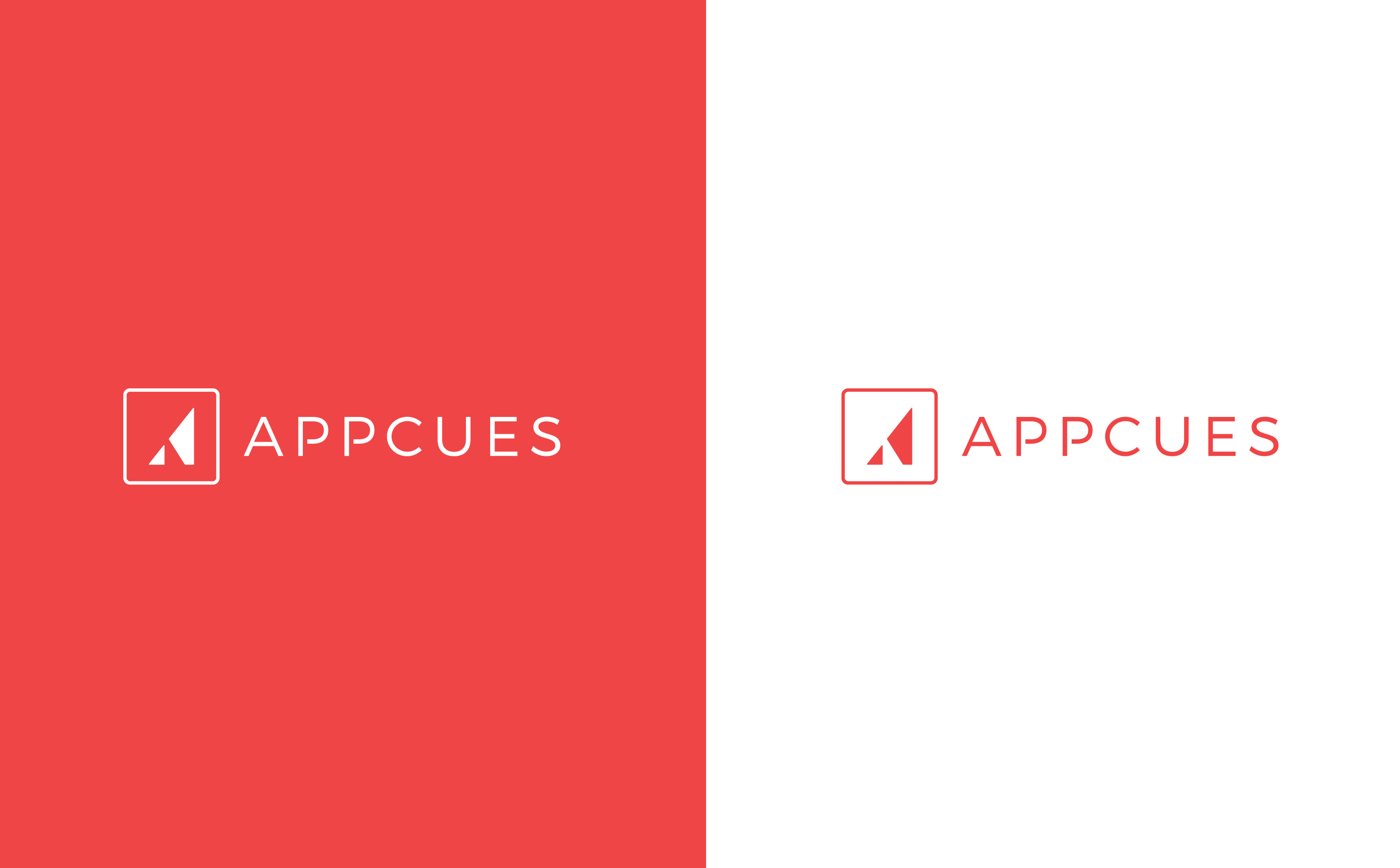 This is our old branding. This image shows the former Appcues logo and our old primary color. On the left is a white logo on a red background, on the right is the red logo and text on a white background.