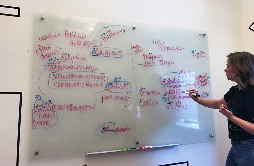 This is a picture of a marketing team brainstorming session. A woman is writing on a whiteboard that has a list of descriptive words. This illustrates a brainstorming technique used in our rebrand process.
