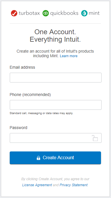 A screenshot of Intuit's log in screen without a single sign-on option