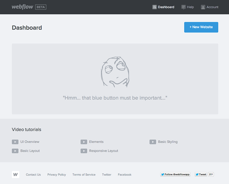 Webflow's welcome dashboard that includes a clear next step of adding a new website