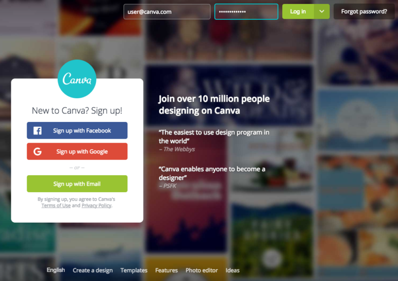 Canva's log in page with single sign on options including facebook and google