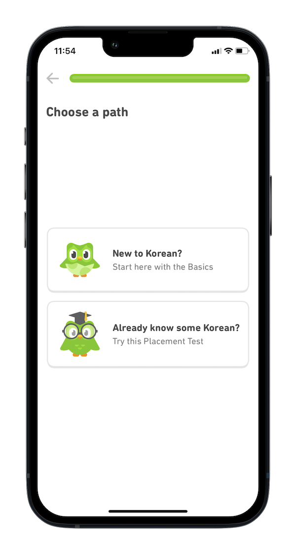 Duolingo onboards users by the skill level of new users