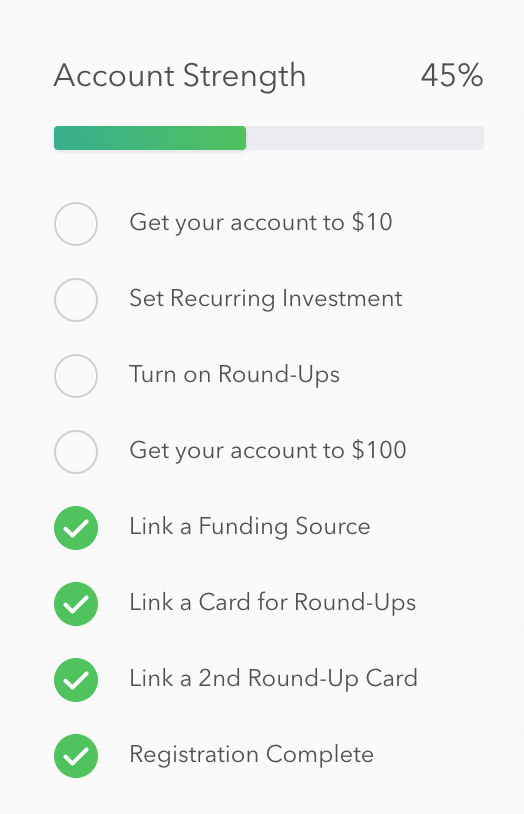 acorns user onboarding account strength checklist