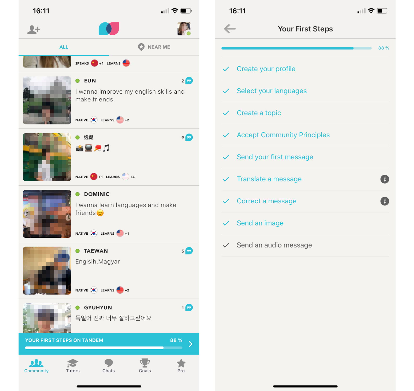 tandem language learning app subtle mobile checklist