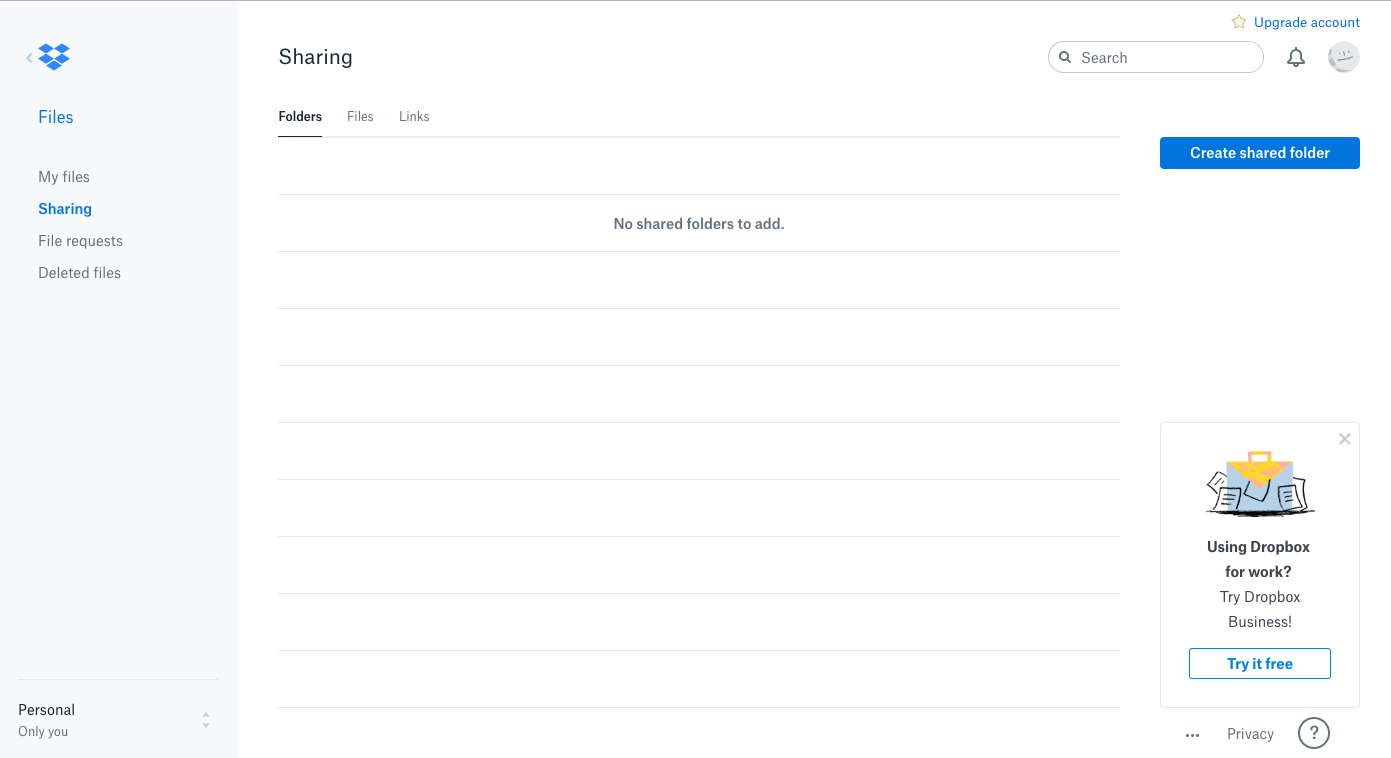 dropbox business upgrade prompt in the user dashboard with a slideout modal and persistent upsell message