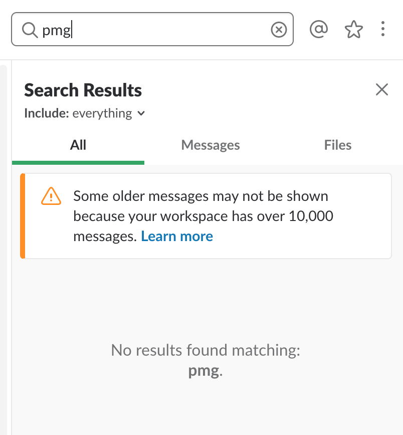 slack search 10k message limit in-app account upgrade prompt