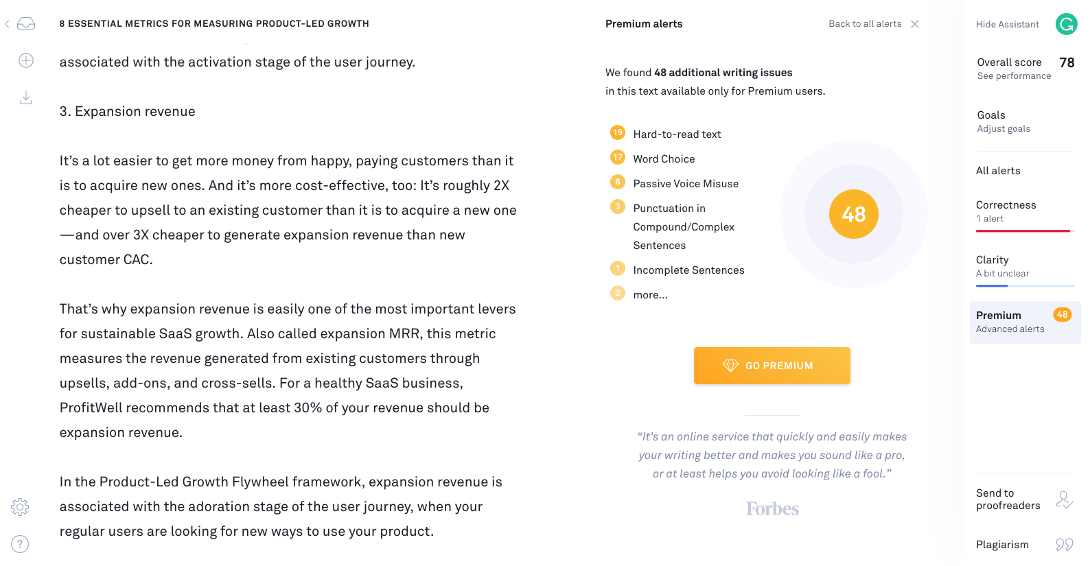 an image showing an article in grammarly's editor with premium feature upgrade promtp. there are premium alerts for advanced writing issues, indicated by an in-product badge. this is a great example of a good saas upsell prompt