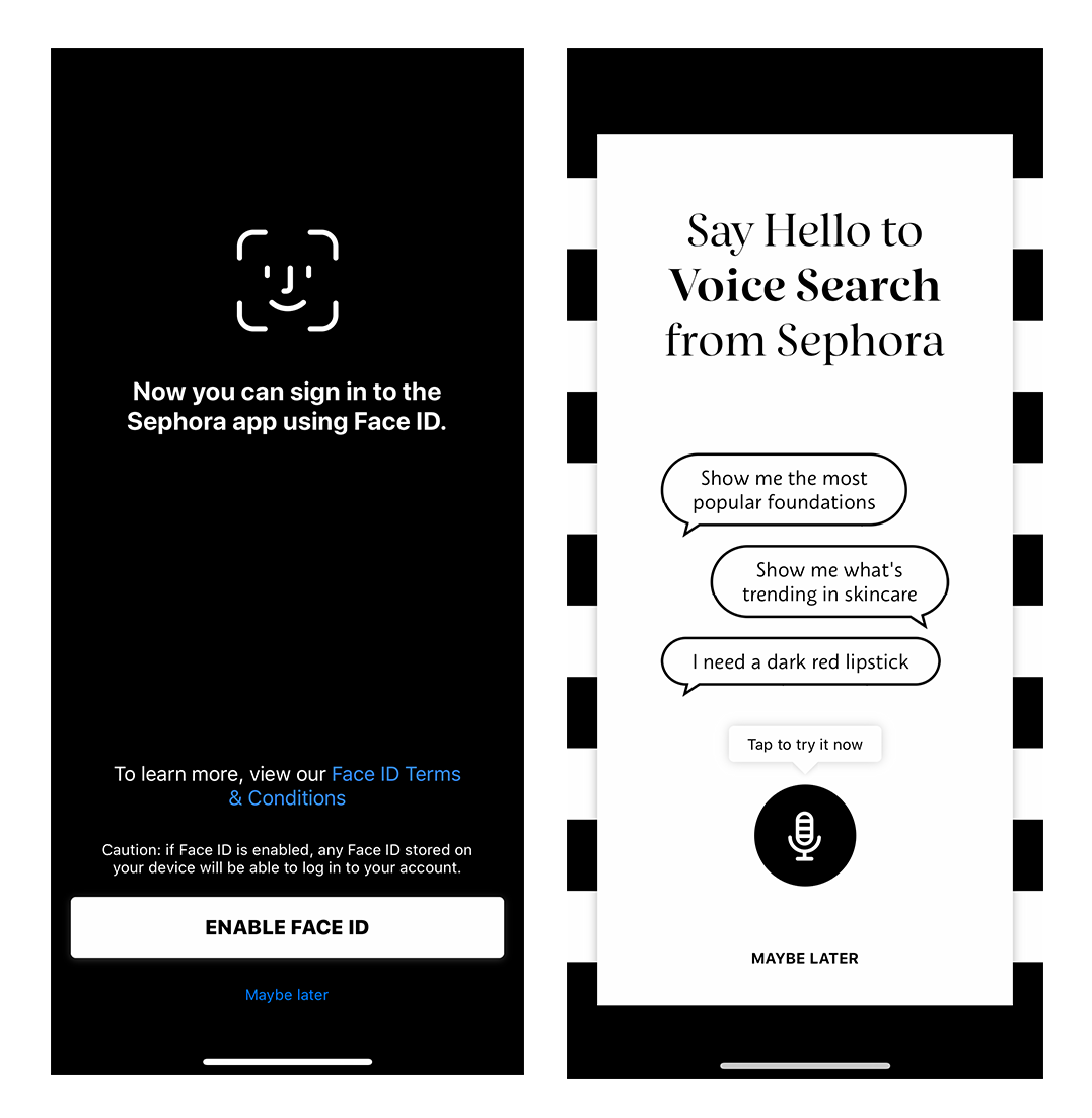 sephora app mobile onboarding intro screens face recognition permissions