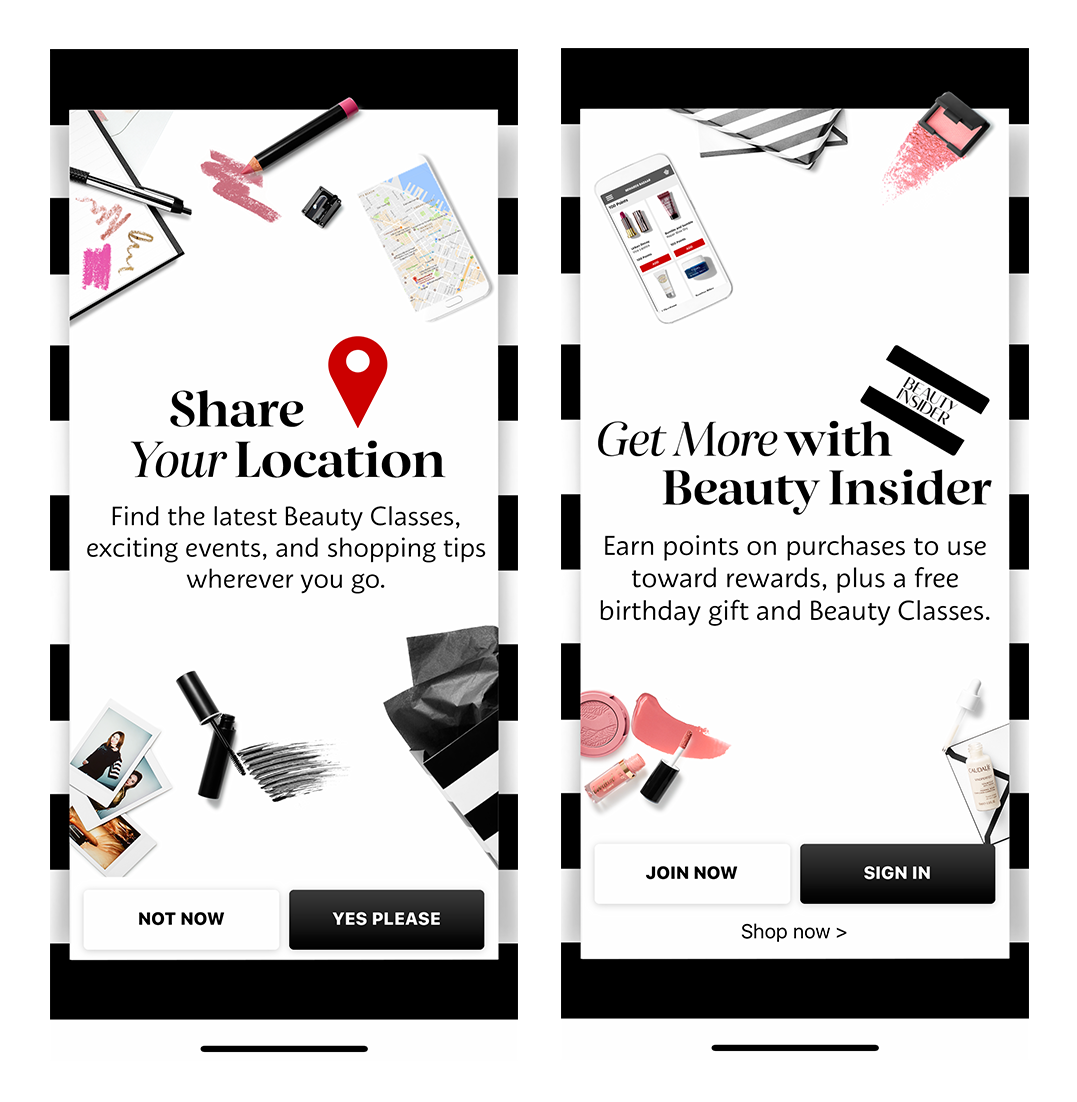 sephora app mobile onboarding intro screens share location