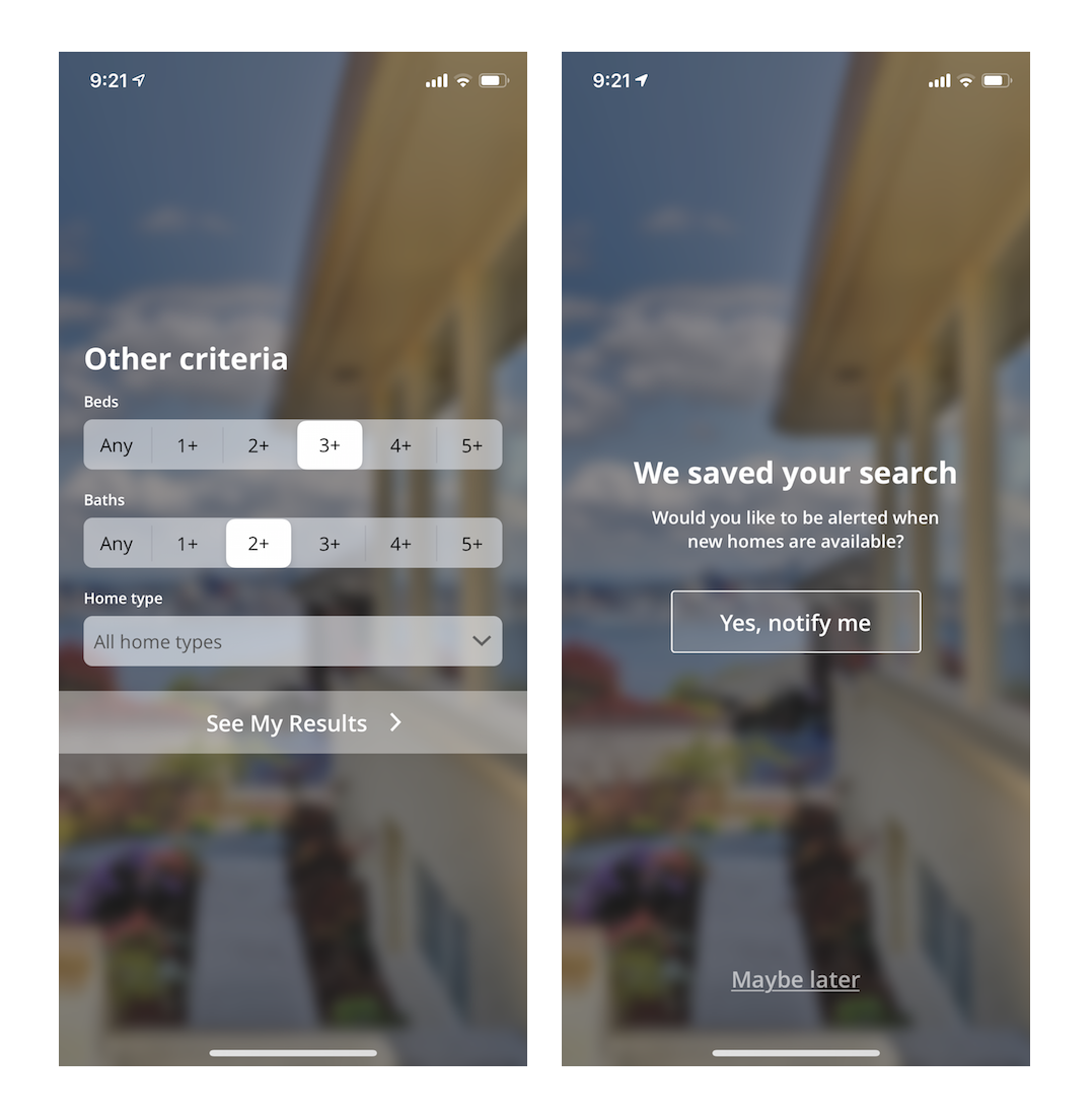 estately app mobile onboarding search criteria