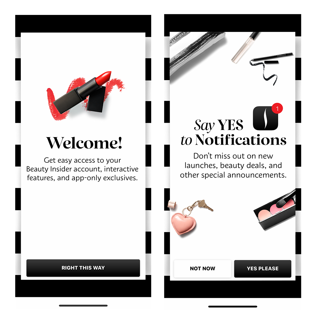 sephora app mobile onboarding intro screens notification permissions