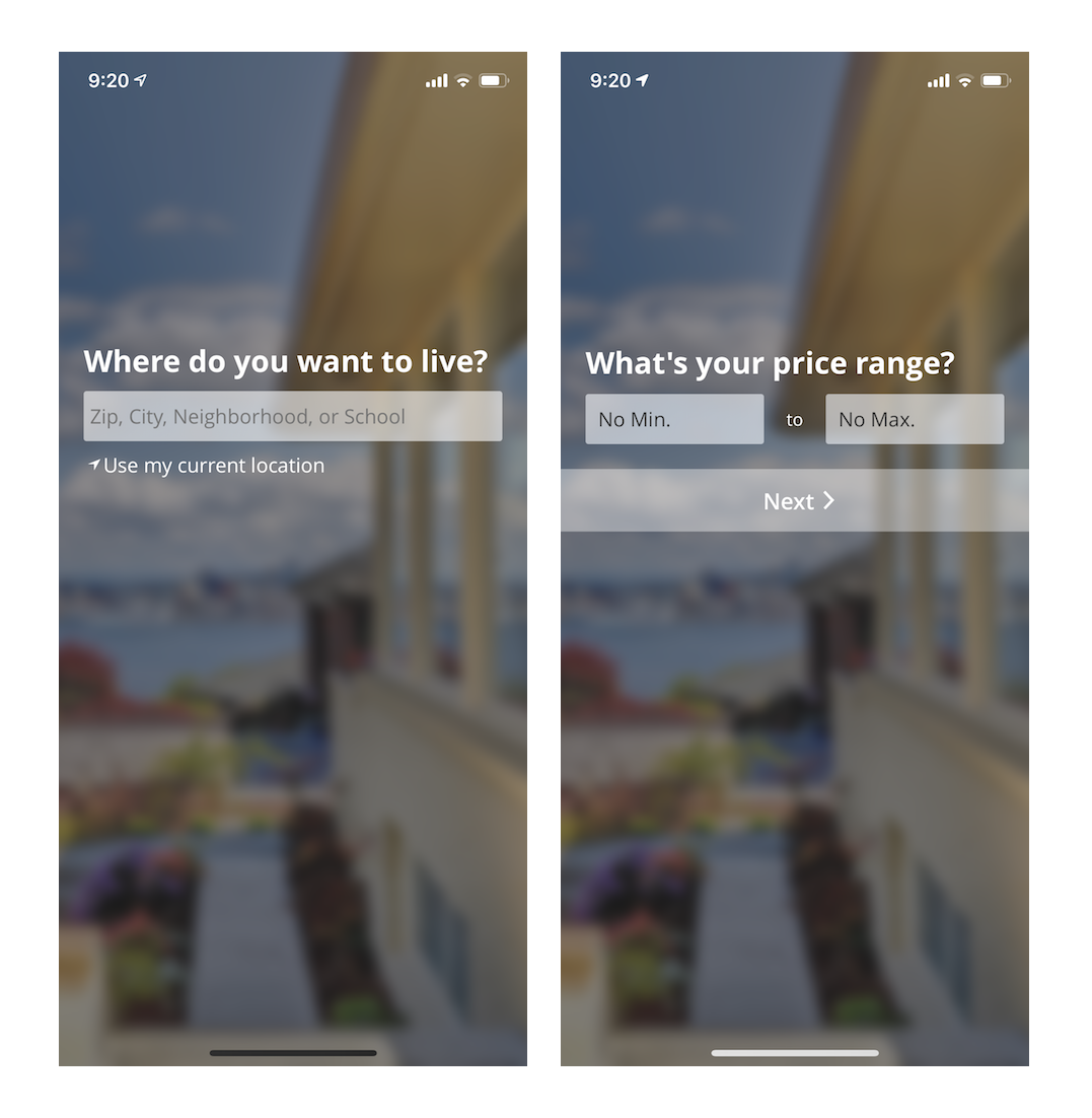 estately app mobile onboarding intro screens user inputs