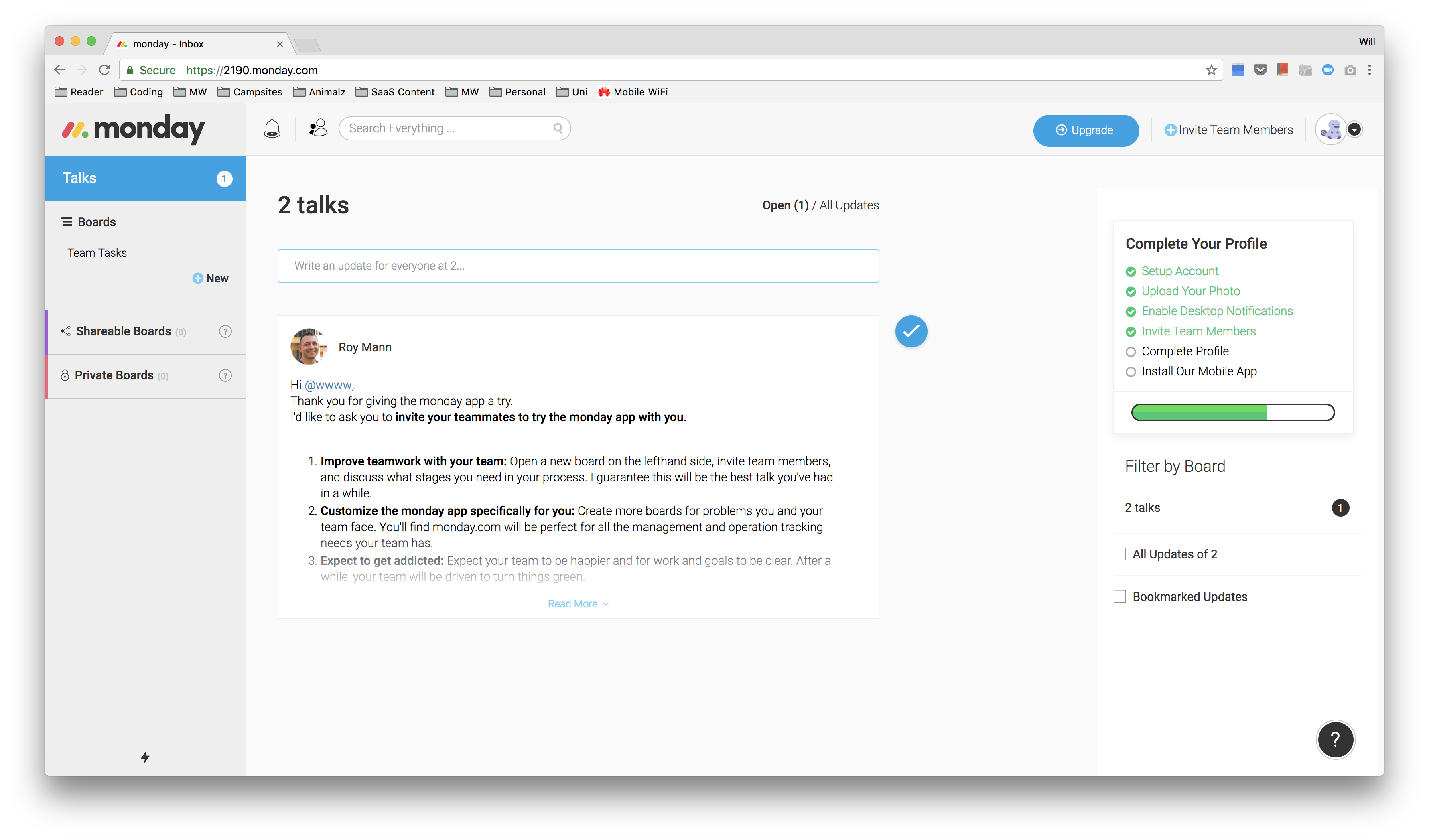 A screenshot of monday.com's checklist that has been started for the user. 