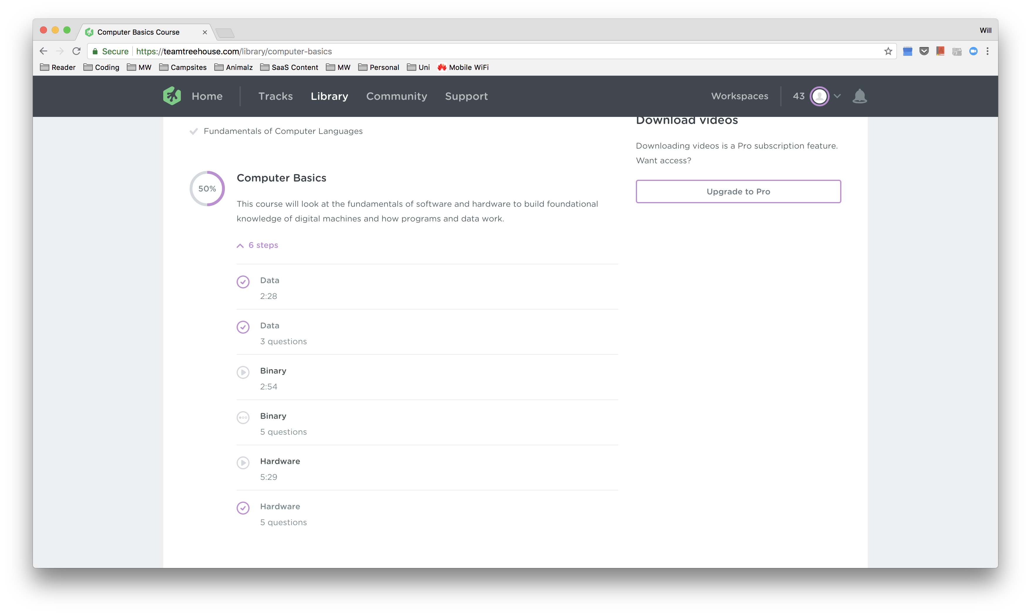 A screenshot of Treehouse's checklist that is more than 50% completed