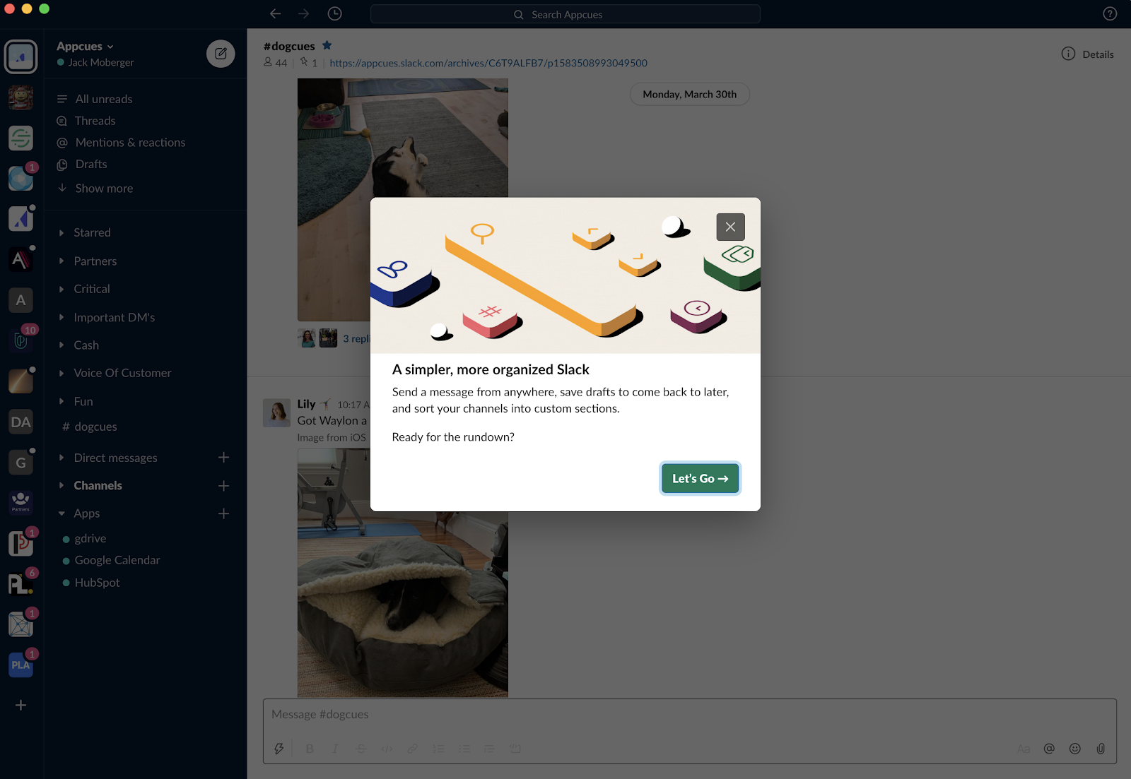 slack redesign product tour modal with upfront value prop