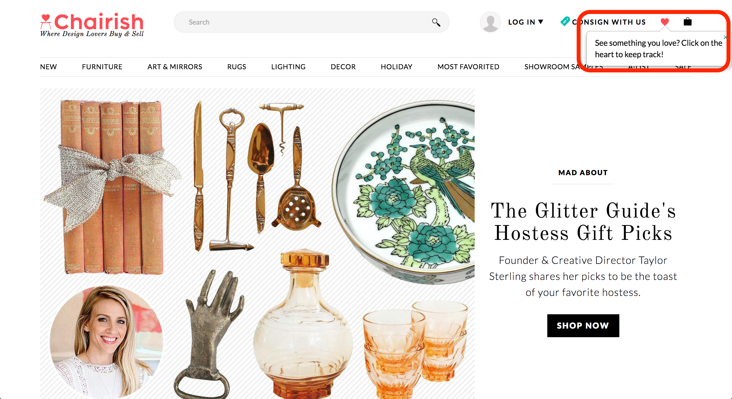 this is an image of ecommerce site chairish. this is an example of a tooltip showing how to add a favorite item. the tooltip is outlined in a red box for emphasis