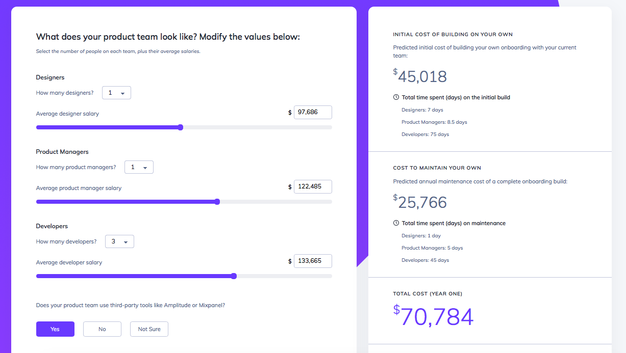this is a screenshot of a free online calculator tool that answers the question: how much does user onboarding cost to build? The calculator shows sliding variable inputs for designer product manager and engineer salaries and gives the cost of building your own user onboarding.