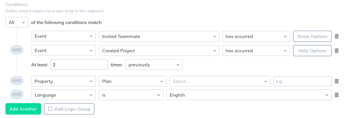 This image shows the user segmenting and targeting view for a user onboarding flow pattern. It shows how Appcues allows you to set parameters to determine who will see specific user onboarding experiences.