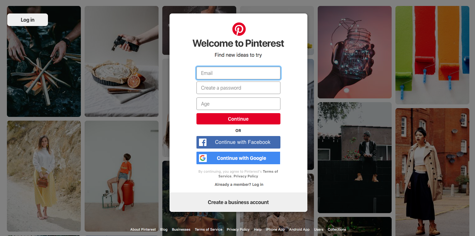 pinterest signup screen that says: welcome to pinterest find new ideas to try