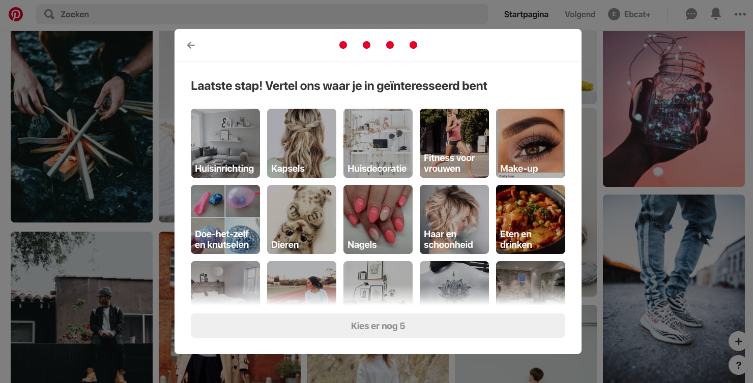 pinterest user onboarding suggested topics for a woman in holland
