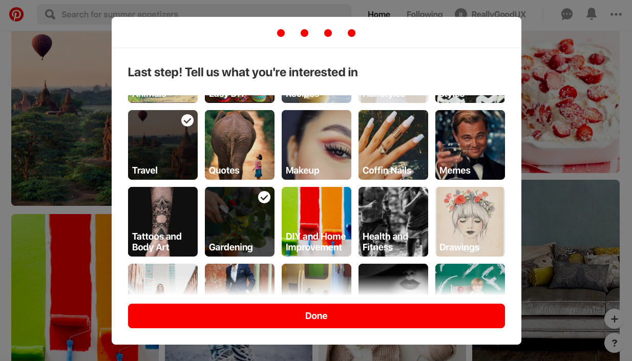 pinterest user onboarding experience customization step where you choose your interests to personalize pinterest feed