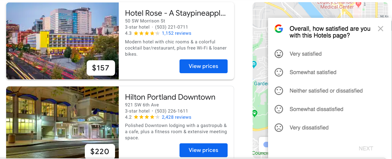 google hotel satisfaction score survey slideout