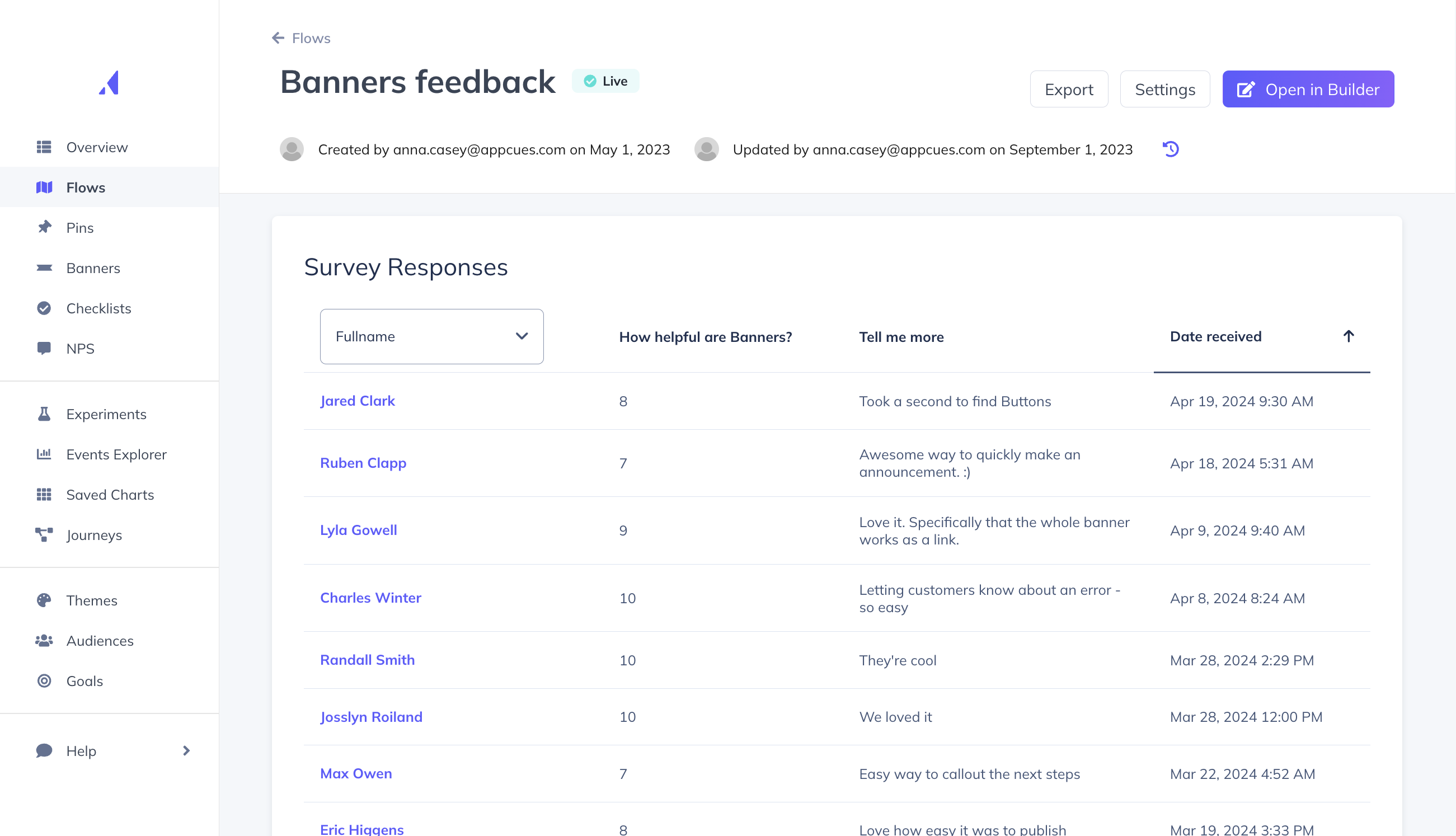 Appcues in app survey responses