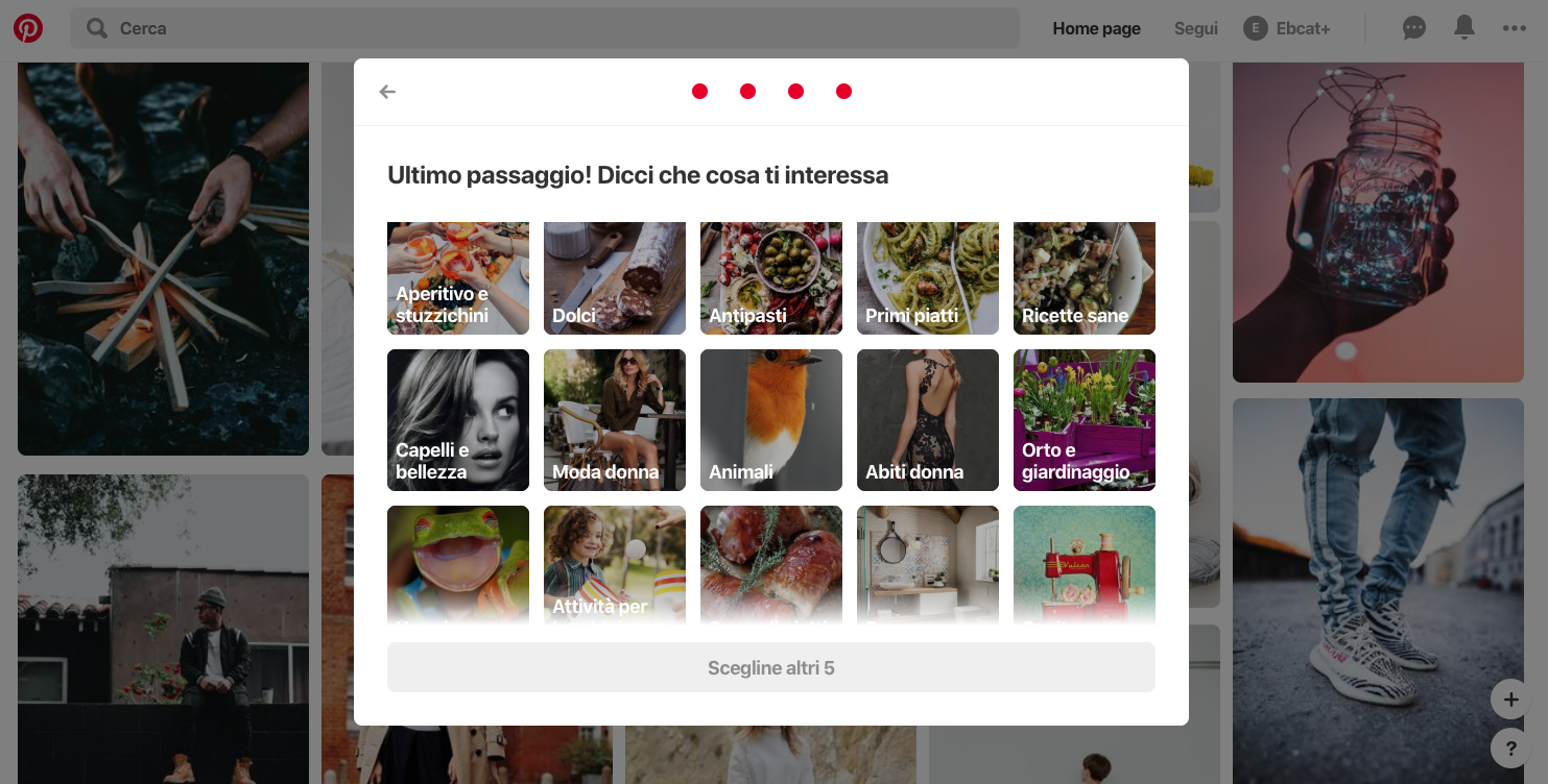 pinterest user onboarding suggested topics for a woman in italy