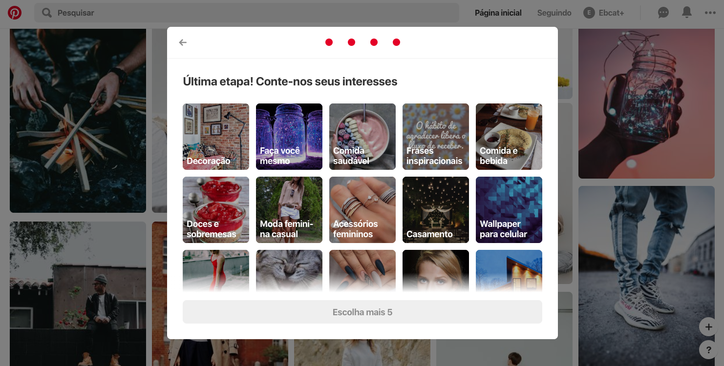 pinterest user onboarding suggested topics for a woman in brasil