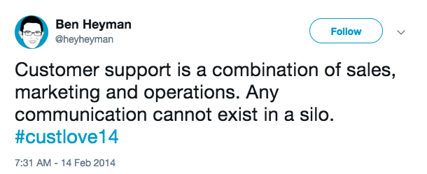 This is a screenshot of a tweet that reads: customer support is a combination of sales, marketing, and operations. any communication cannot exist in a silo