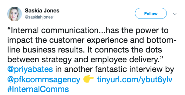 This is a screenshot of a tweet that reads: internal communication has the power to impact customer experience and bottom-line business results. it connects the dots between strategy and employee delivery