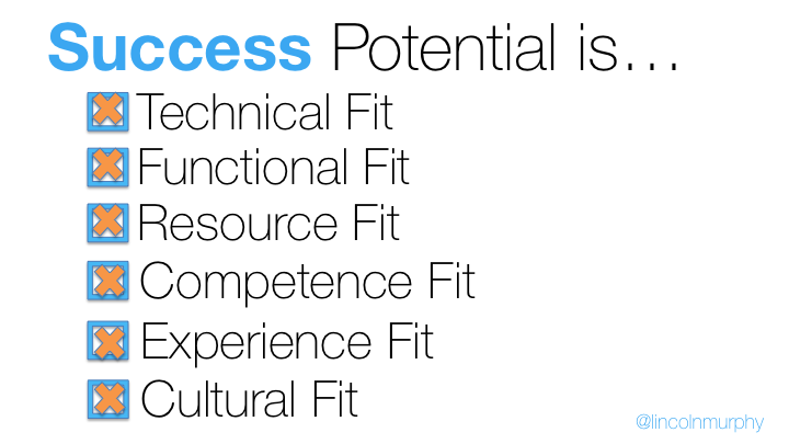 this is a slide about saas customer fit. It reads: success potential is: technical fit, functional fit, resource fit, competence fit, experience fit, cultural fit