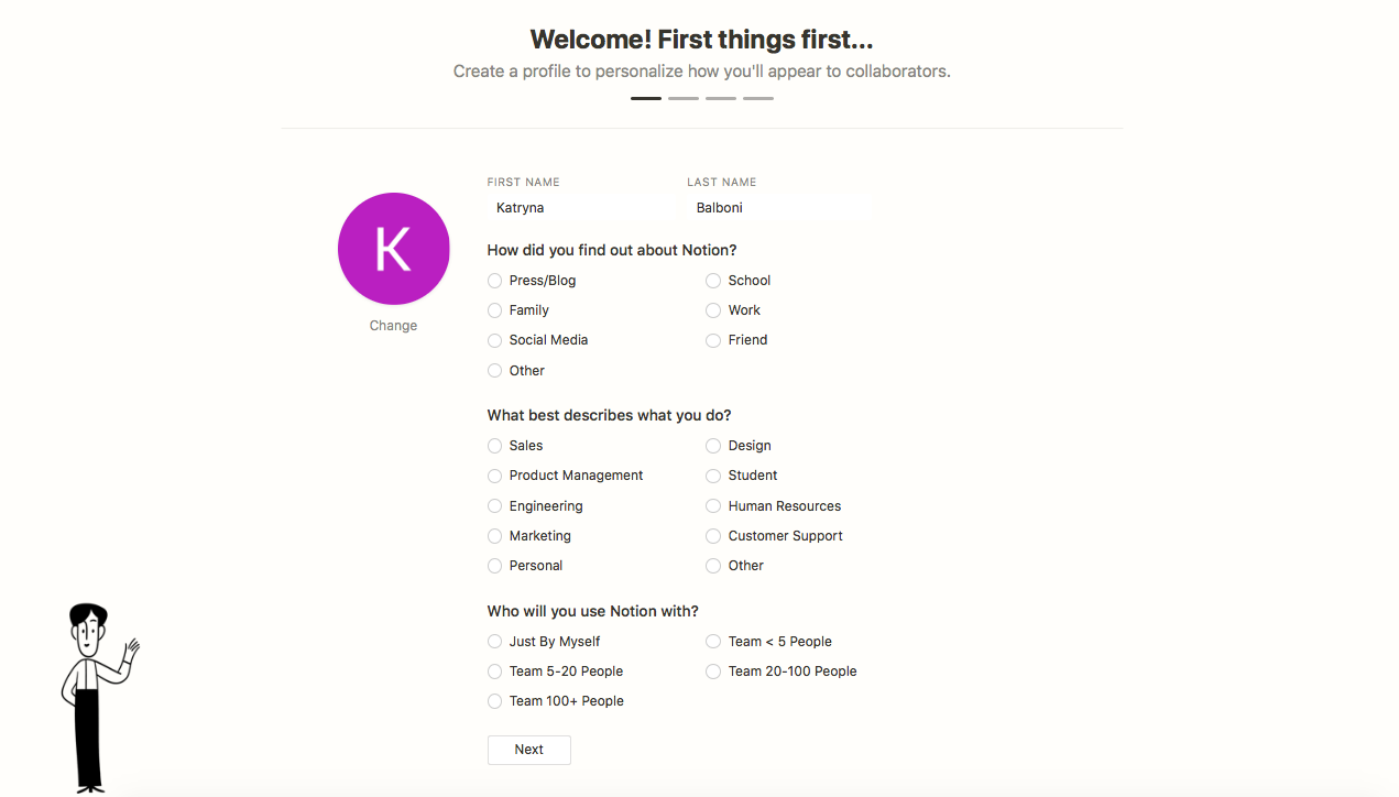 notion welcome page user onboarding questions how would you describe yourself
