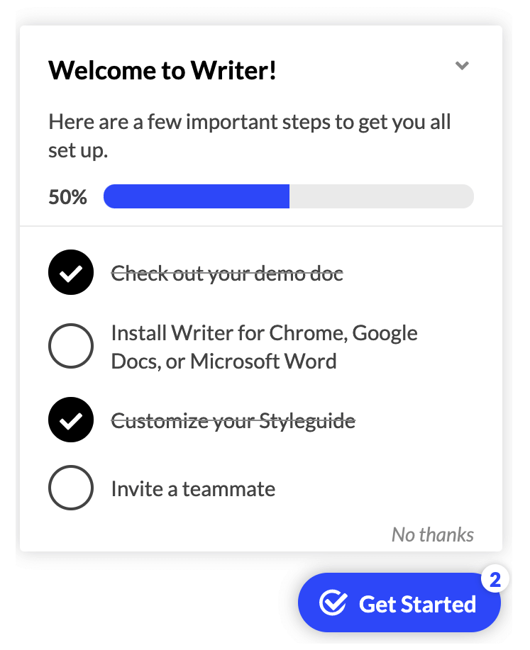 An onboarding checklist generated with Appcues for Writer