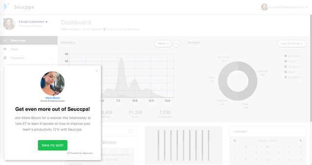 Appcues screenshot of in-app messaging to drive retention
